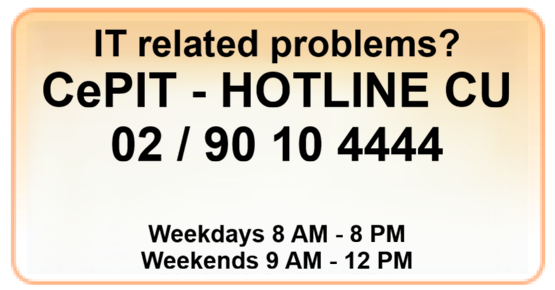 Support line for users of information technologies and services provided by the Comenius University. Phone number +421 2 9010 4444, available every workday from 8AM to 8PM, from 9AM to 12AM on weekends. We prefer phone conversations, but in case of necessity you can also contact us on cepit@uniba.sk.